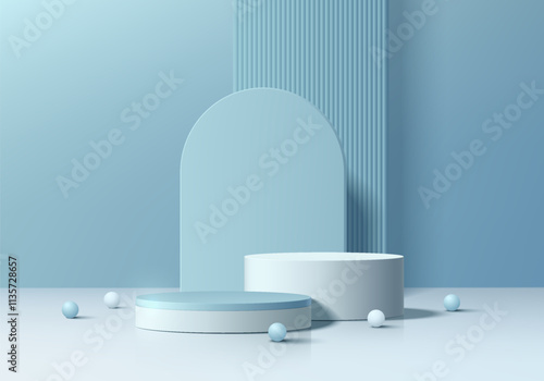 Blue white 3D cylindrical podium background with ball, Arch backdrop wall scene. Minimalist 3D mockup pedestal. Abstract stand product display presentation, Stage for showcase. Vector platform design.