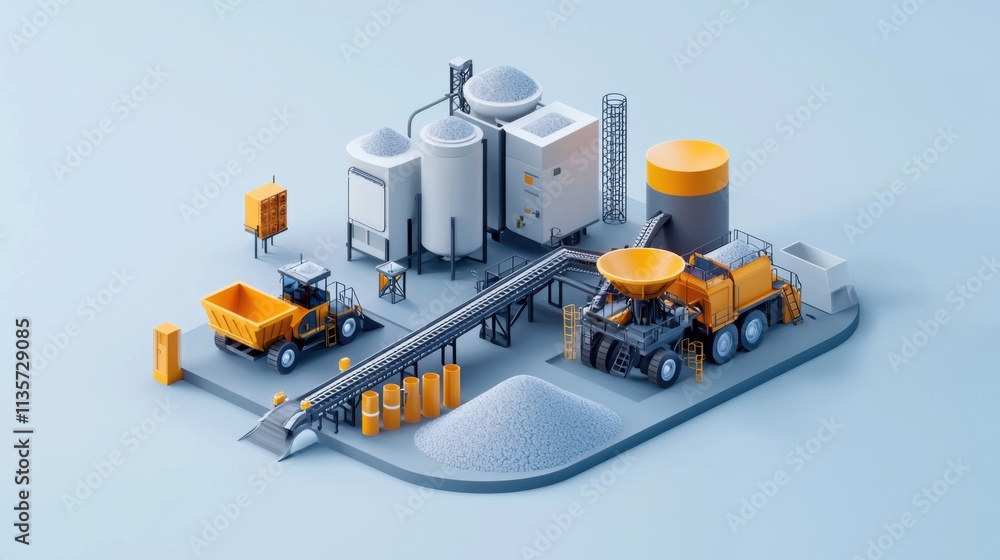 Isometric 3D Illustration of a Modern Mining Plant and Equipment Setup Isometric 3D Illustration of a Modern Mining Plant and Equipment Setup