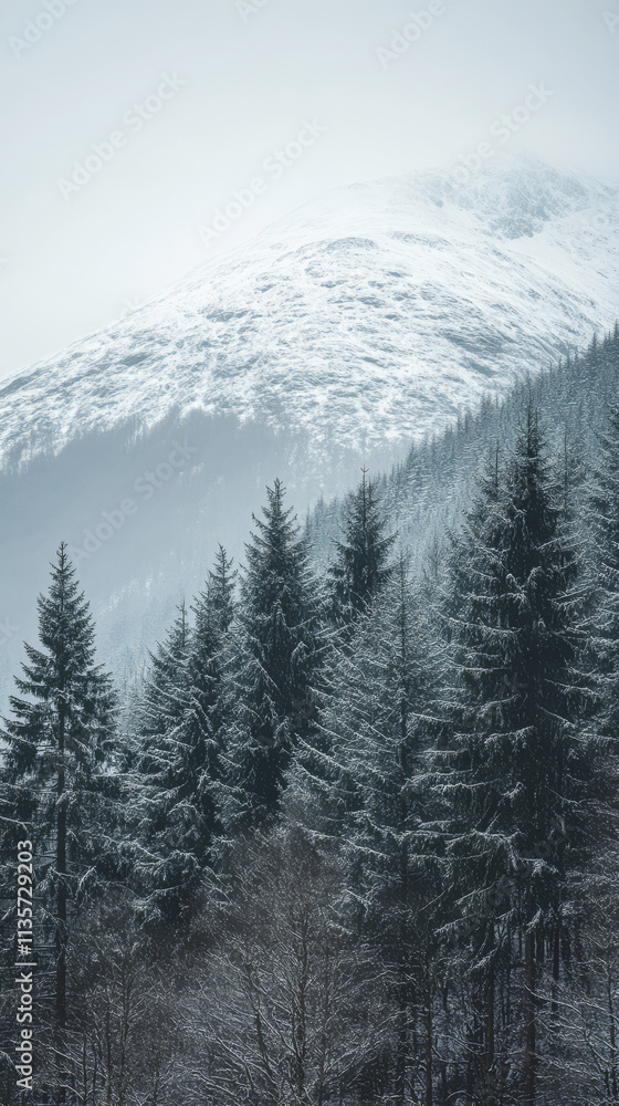 Fototapeta premium Winter landscape with snow-covered mountains and evergreen trees in a foggy atmosphere