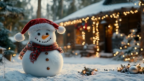 Santa cap on a snowman, snowy backyard, twinkling holiday lights, pine trees in the background. photo