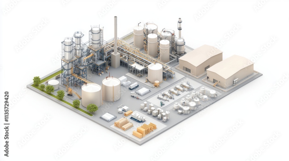 Isometric 3D View of Petroleum Plant with Equipment and Storage Facilities Isometric 3D View of Petroleum Plant with Equipment and Storage Facilities