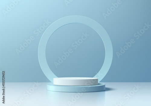 Blue 3D cylindrical podium background with glass circle backdrop. Studio wall scene. Minimalist mockup pedestal. Abstract stand product display presentation. Stage for showcase. Vector platform design