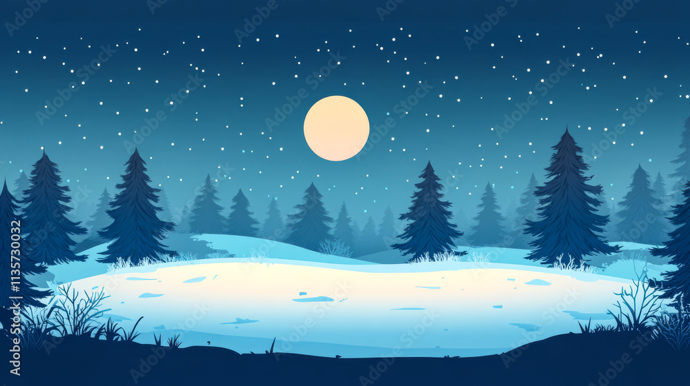 Fototapeta premium Winter night with bright moon illuminating snowy landscape and towering pine trees