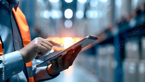 Close-Up Portrait Logistics Coordinator Managing Shipments Tablet Digital Tracking Copy Space for Ads