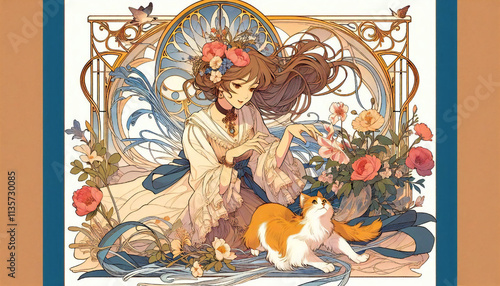 A cel-style illustration of a cat and a girl.generated by AI.