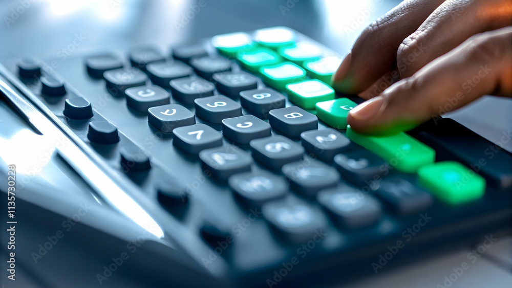 Close Up Eco Friendly Financial Calculator with Green Display for Sustainable Budgeting and Responsible Finance Concept Close Up Eco Friendly Financial Calculator with Green Display for Sustainable Budgeting and Responsible Finance Concept