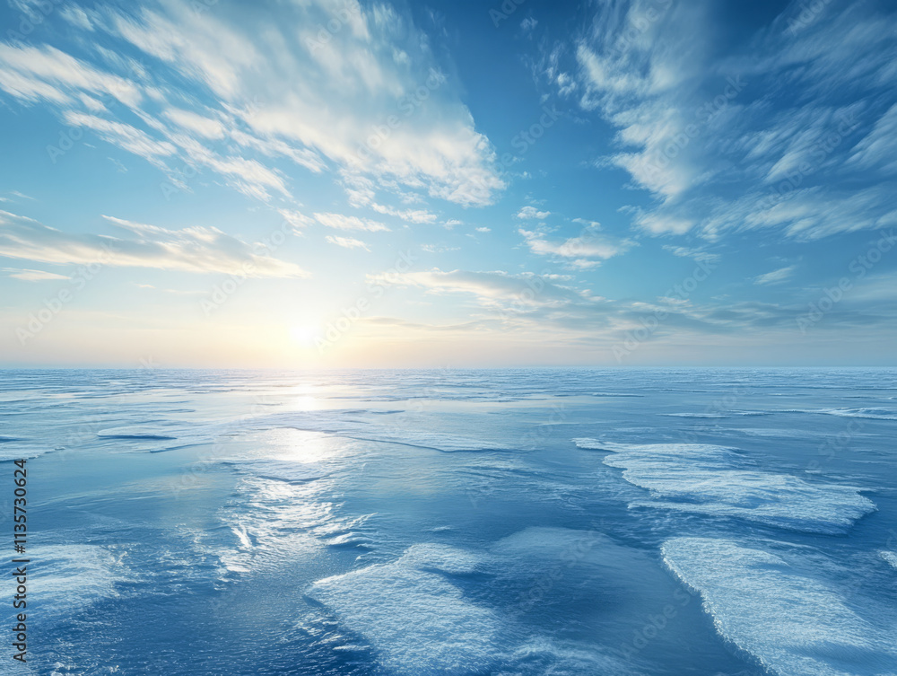Sunset over tranquil ice-covered sea in a vast winter expanse Sunset over tranquil ice-covered sea in a vast winter expanse