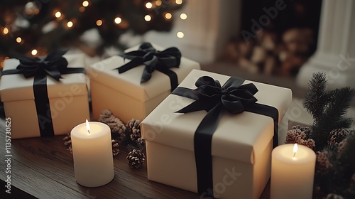 White boxes, black bows, wood table, neutral tones, soft tree lights. photo