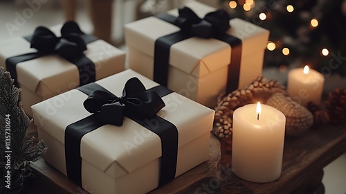 White boxes, black bows, wood table, neutral tones, soft tree lights. photo