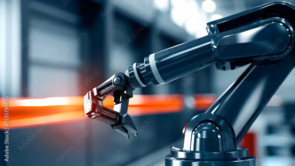 Glossy Robotic Arm with Mechanical Gripper on Dark Background - Precision AI in Industrial Automation, Ample Copy Space Glossy Robotic Arm with Mechanical Gripper on Dark Background - Precision AI in Industrial Automation, Ample Copy Space