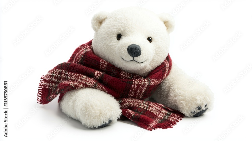 A cute, fluffy polar bear plush toy wearing a cozy red plaid scarf, sitting comfortably against a white background. A cute, fluffy polar bear plush toy wearing a cozy red plaid scarf, sitting comfortably against a white background.