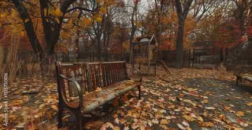 Abandoned playground seat surrounded by autumn leaves and trees. photo