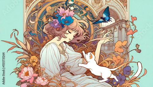 A cel-style illustration of a cat and a girl.generated by AI.