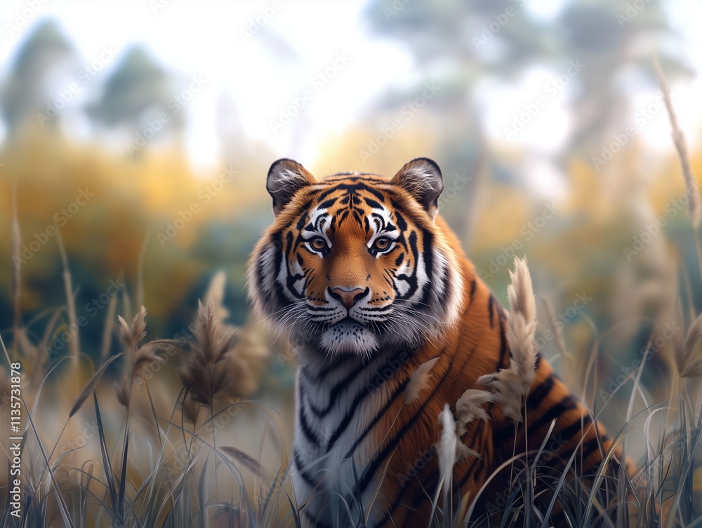 Naklejka premium Majestic Bengal Tiger, Panthera tigris tigris, close up with tiger stripes in grassland