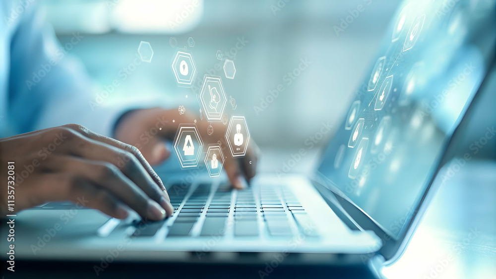 Close Up Businessperson Using Eco-Friendly Financial Software on Laptop Symbolizing Sustainable Digital Innovation Close Up Businessperson Using Eco-Friendly Financial Software on Laptop Symbolizing Sustainable Digital Innovation