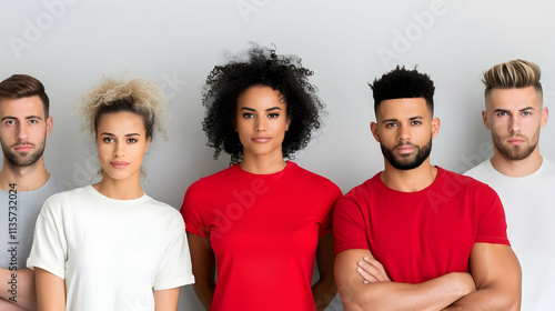 Crystal-clear shot of a diverse group of friends, varying body types, casual setting photo