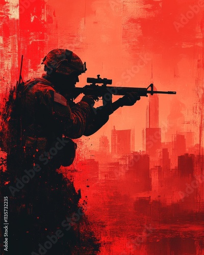 Silhouette of a Soldier in Urban Combat Zone