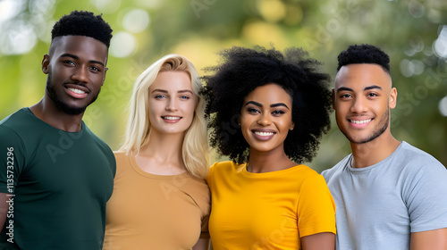 Crystal-clear shot of a diverse group of friends, varying body types, casual setting photo