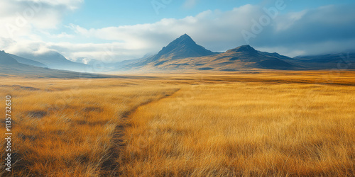 Expansive landscape view of golden grassland contrasting against dramatic mountains