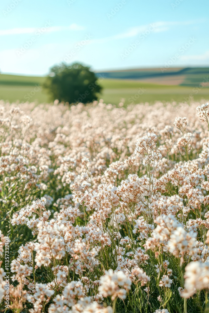 Obraz premium Beautiful wildflower field with white blooms under a clear blue sky in warm sunlight