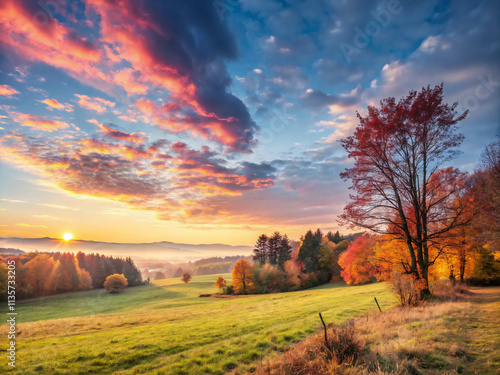 sunset in the forest. landscape, sky, field, nature, sunset, grass, green, meadow, sun, autumn, blue, tree, rural, cloud, summer, forest, sunlight, horizon, road, agriculture, country, clouds, sunrise