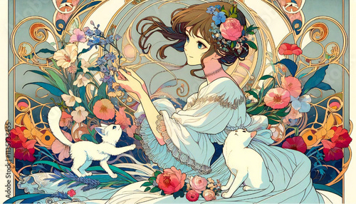 A cel-style illustration of a cat and a girl.generated by AI.