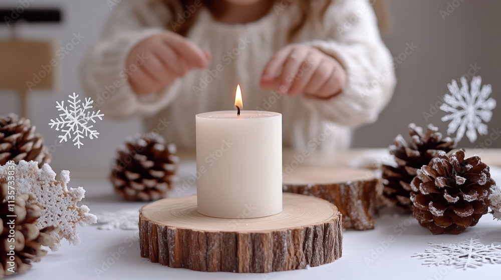 A festive table setting featuring a white candle on wooden boards, surrounded by snowflakes and pinecones, on a white background A festive table setting featuring a white candle on wooden boards, surrounded by snowflakes and pinecones, on a white background