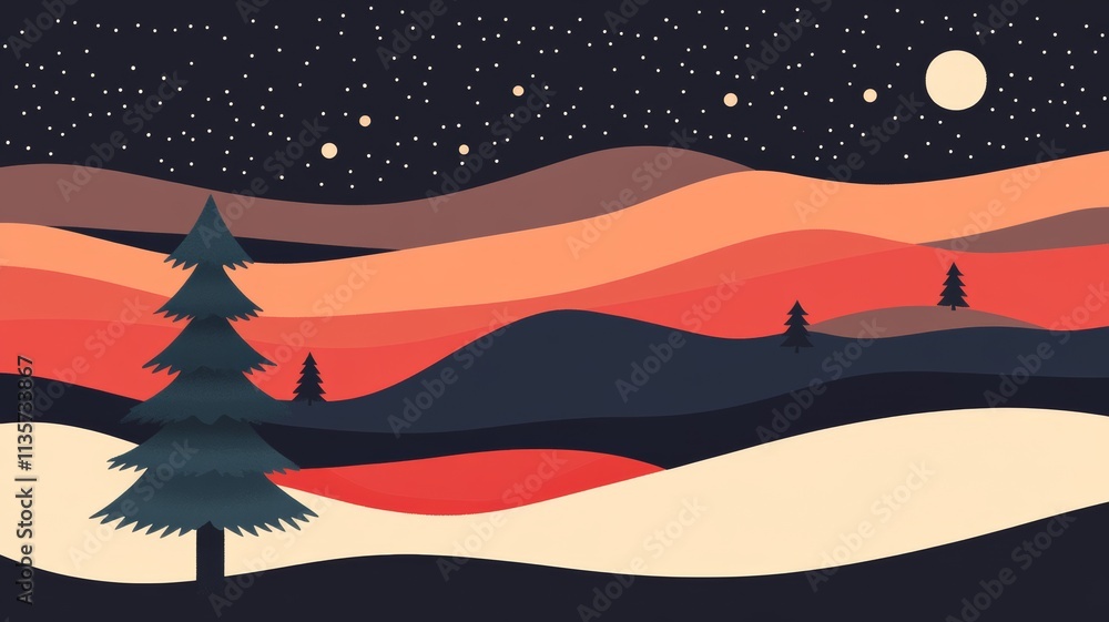 Naklejka premium Night Landscape with Mountains, Trees, and Stars.