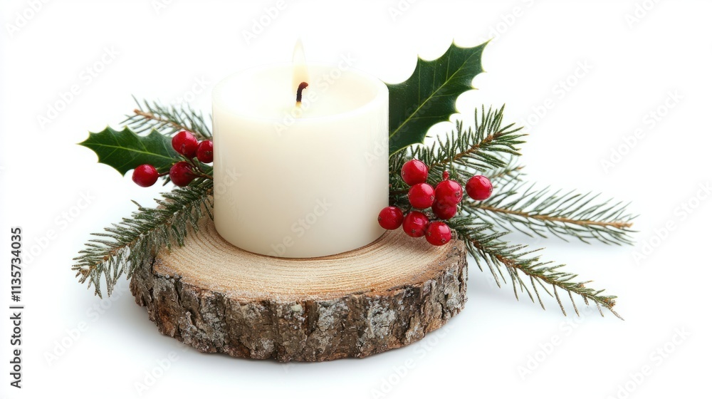 A festive white candle on a wooden plank with holly berries and fir sprigs arranged decoratively, isolated on white A festive white candle on a wooden plank with holly berries and fir sprigs arranged decoratively, isolated on white