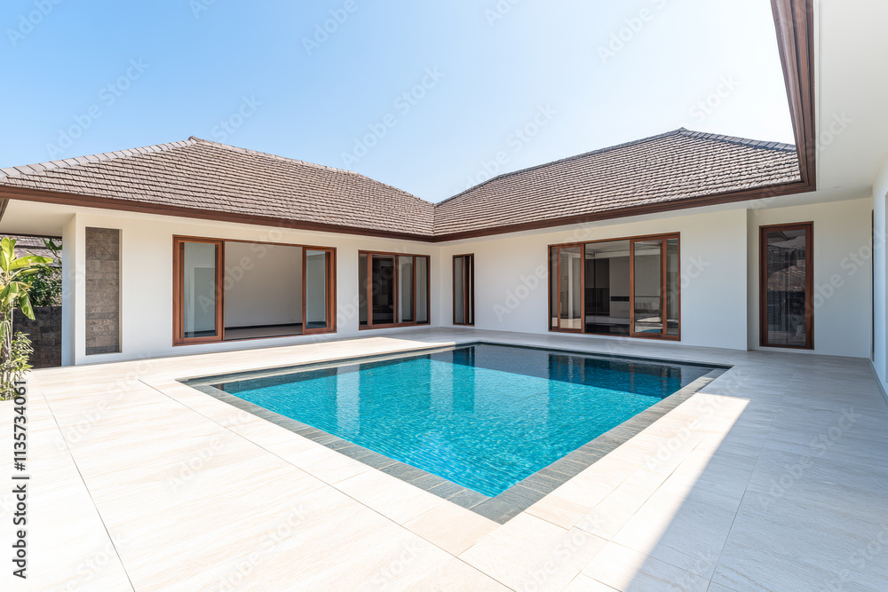 Fototapeta premium Modern villa with a swimming pool surrounded by clear skies during daytime