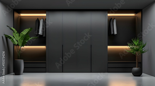 Crystal-clear shot of a minimalist wardrobe, monochrome clothes, perfect organization photo