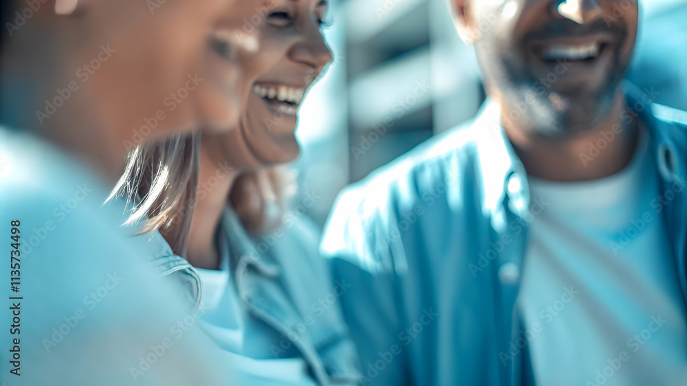 Fototapeta premium Joyful Family Laughing Together Macro Close Up on Sunny Day with Ample Copy Space for Text or Branding