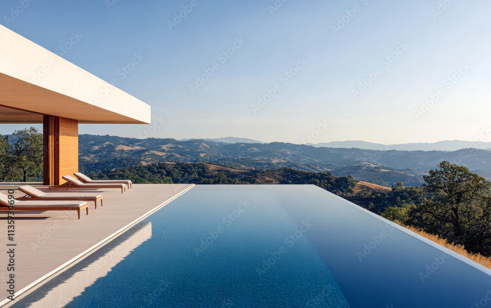 Fototapeta premium Modern infinity pool overlooks scenic hills in the countryside during a clear day