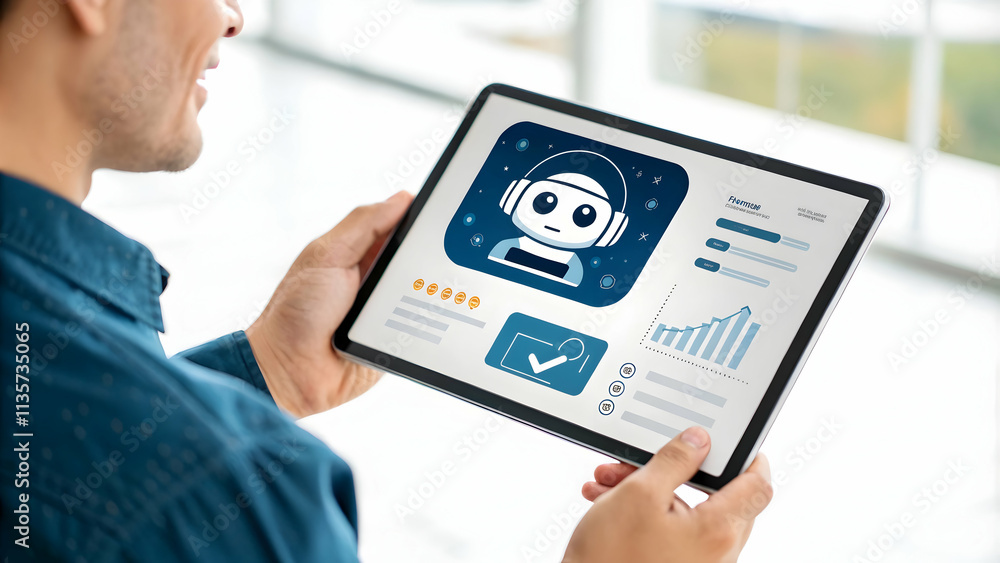 Fototapeta premium Developer Testing AI Chatbot on Tablet with Digital Assistant Icon - User Experience Focused Photo Concept for Stock