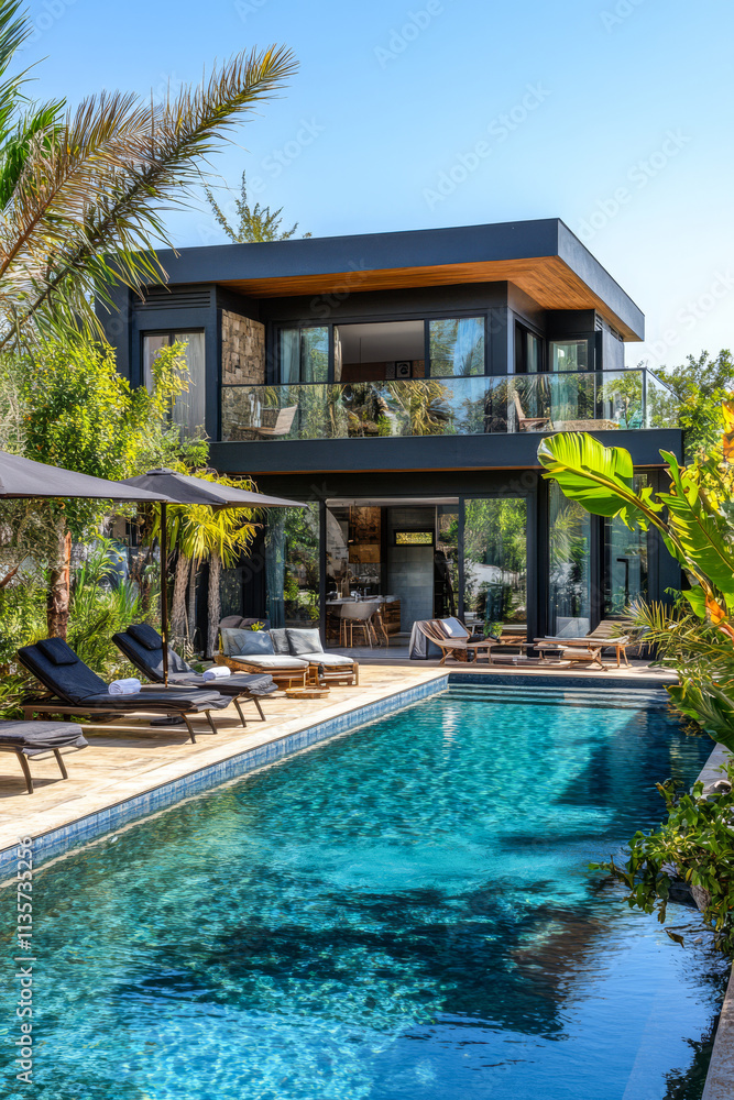 Modern luxury villa with tranquil pool surrounded by lush greenery in bright sunlight Modern luxury villa with tranquil pool surrounded by lush greenery in bright sunlight