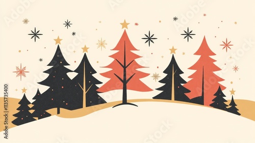 Christmas Trees in Winter Landscape: A Festive Mid Century Modern Illustration.