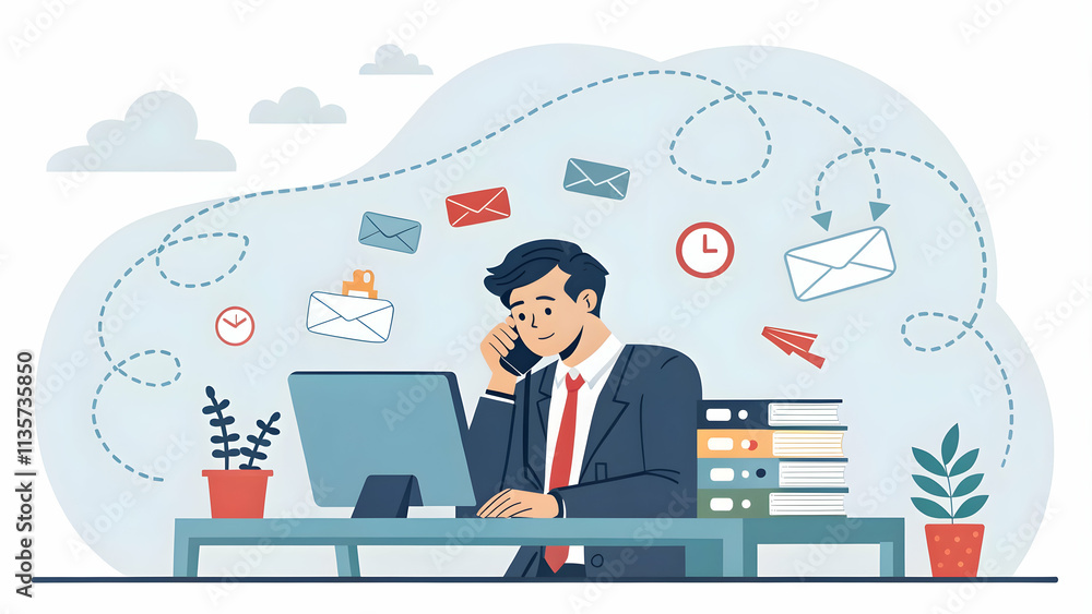 Manager receiving constant phone calls and emails concept as A corporate manager is shown at their desk inundated with continuous phone calls and a flood of emails symbolizing the relentless flow of i Manager receiving constant phone calls and emails concept as A corporate manager is shown at their desk inundated with continuous phone calls and a flood of emails symbolizing the relentless flow of i