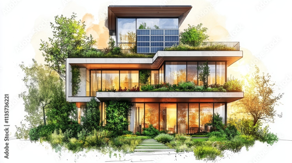 Modern eco-friendly house with greenery and solar panels, showcasing sustainable architecture. Modern eco-friendly house with greenery and solar panels, showcasing sustainable architecture.