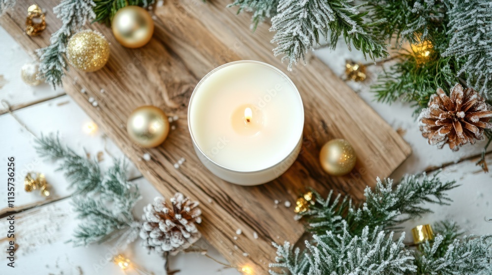 A simple and elegant white candle surrounded by frosted greenery and tiny gold ornaments, isolated on rustic wooden boards, on white A simple and elegant white candle surrounded by frosted greenery and tiny gold ornaments, isolated on rustic wooden boards, on white