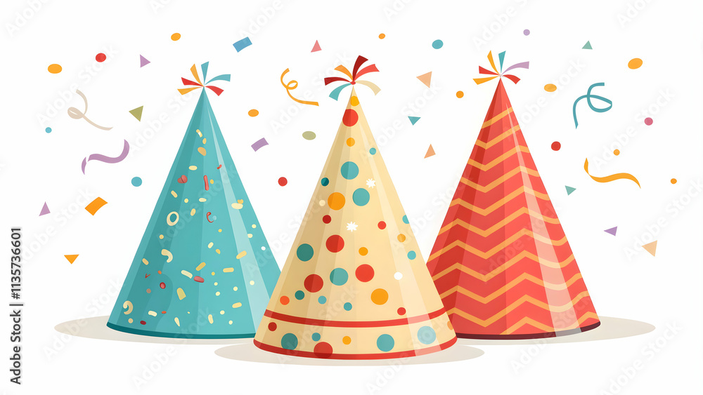 Colorful Party Hats with Confetti Isolated on White Celebrating Fun Festivity Vector for Party and Event Infographics Colorful Party Hats with Confetti Isolated on White Celebrating Fun Festivity Vector for Party and Event Infographics