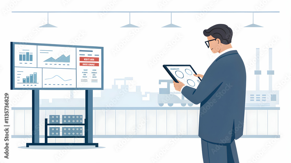 Factory Manager Analyzing AI-Driven Real-Time Data on Smart Screen for Enhanced Production Insights - Copy Space Included Factory Manager Analyzing AI-Driven Real-Time Data on Smart Screen for Enhanced Production Insights - Copy Space Included