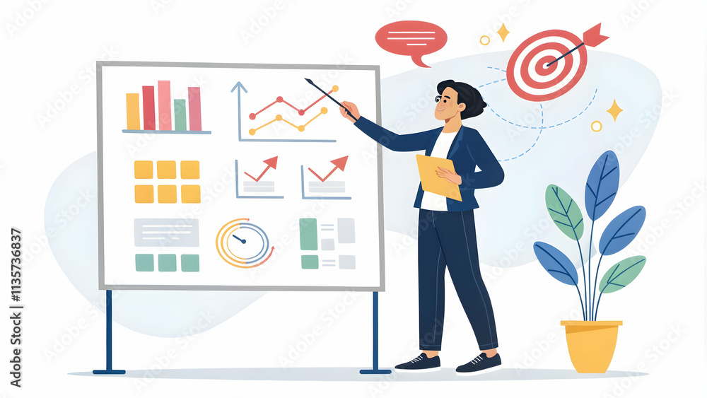 Fototapeta premium Young Entrepreneur Presenting Business Growth Strategy on Whiteboard in Professional Setting with Copy Space