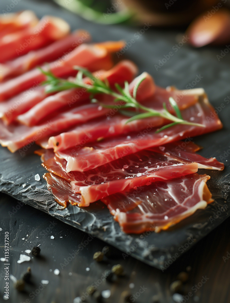 Jamon Iberico with rosemary on a rustic slate, dark food photography Jamon Iberico with rosemary on a rustic slate, dark food photography