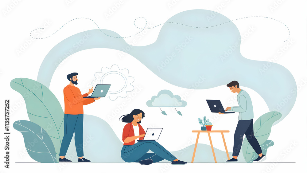 Fototapeta premium Startup Team Collaborating with Cloud Software on Abstract Background for Seamless Digital Innovation and Teamwork