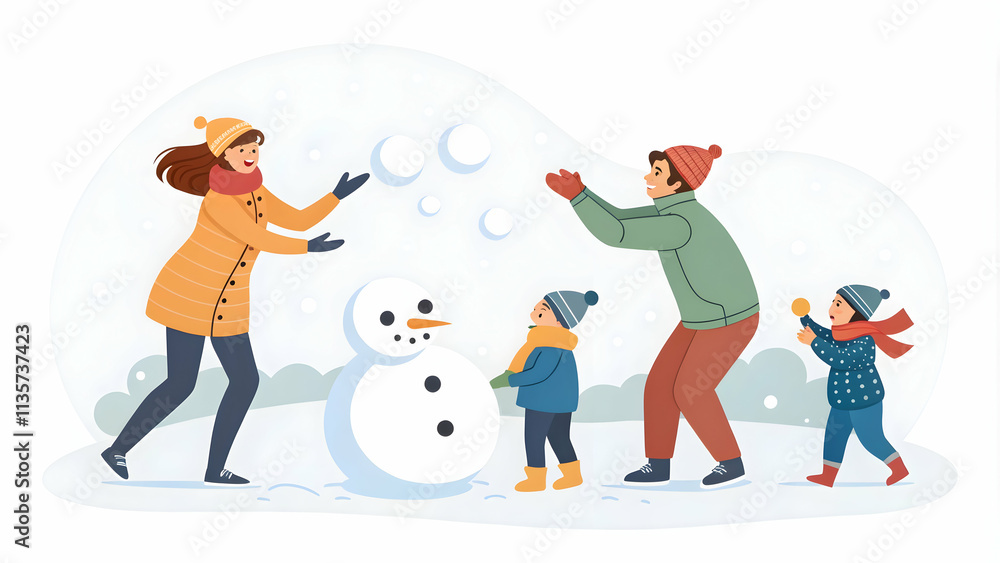 Fototapeta premium Joyful Family Playing in Snow Together Against Plain Background with Copy Space for Fun Activities and Bonding Moments