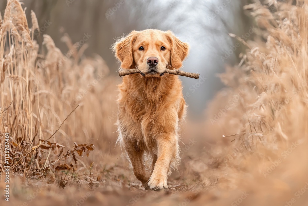 Puppy dog softness concept. Golden retriever fetching stick forest path animal photography natural setting eye level playful spirit Puppy dog softness concept. Golden retriever fetching stick forest path animal photography natural setting eye level playful spirit