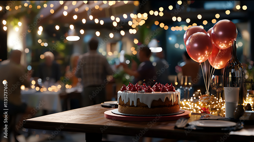 A group of people are gathered around a table with a cake and balloons A group of people are gathered around a table with a cake and balloons