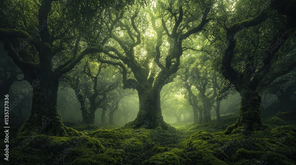 Fototapeta premium A dense forest with towering, otherworldly trees covered in glowing moss, creating a magical atmosphere