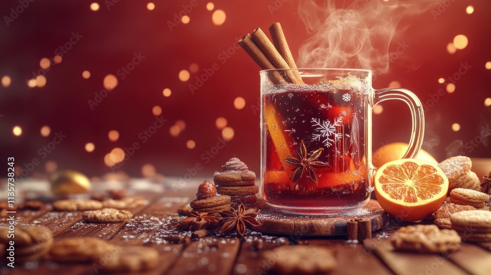 Warm mulled wine in glass mug with cinnamon sticks, orange slices, star anise, and Christmas cookies on wooden table. Warm mulled wine in glass mug with cinnamon sticks, orange slices, star anise, and Christmas cookies on wooden table.