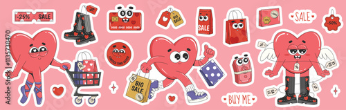 Happy Valentine’s Day sale sticker collection with retro cartoon characters. Sale labels. Vector illustrations for online shop, posters, prints, websites, social media posts. 